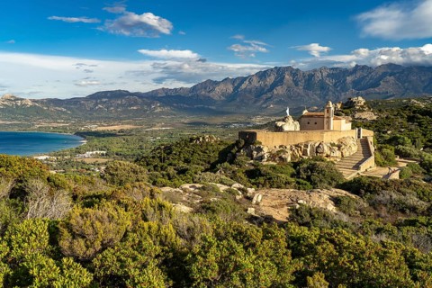 The Notre Dame de la Serra pilgrimage chapel in Calvi, Balagne, Corsica, France