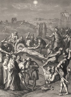 Crucifixion of Jesus, Mount Calvary, Jerusalem, New Testament, steel engraving 1853, digitally