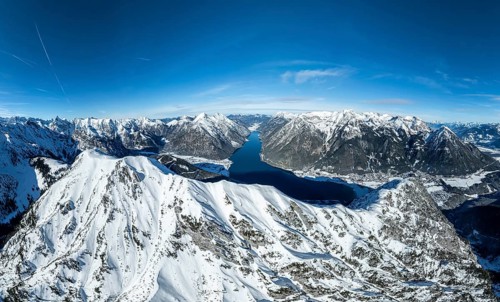 Aerial view, epic view of mountain landscape with snow in winter, summit of Bärenkopf, Achensee,