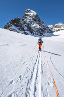Ski tourer with rope, rope team on the Vadret da Porchabella glacier on the ascent to the summit of