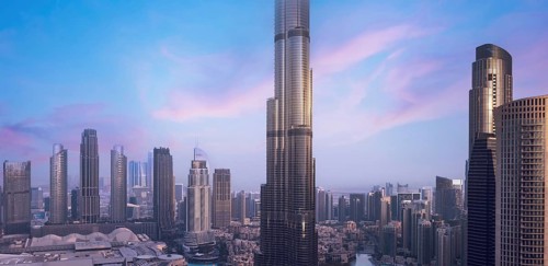 UAE, Dubai panoramic skyline view of city downtown and business district
