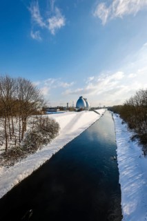 Dortmund, North Rhine-Westphalia, Germany - Sunny winter landscape in the Ruhr area, ice and snow