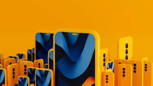 Many yellow frame smartphone exist with blue abstract art displayed on the screen. This creates a