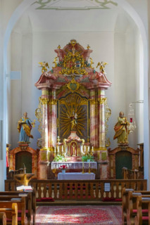 St. John Nepomuk Catholic Church, sacred art, altar, Mary with infant Jesus, Madonna, crucifix,