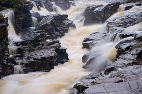 Close-up of a wild river with dramatic currents and rocks surrounding the water, River Orchy, Eas