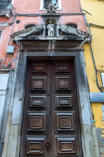 Entrance portal of St. Bartolomeo Church, 17th century, Venice, Veneto, Italy