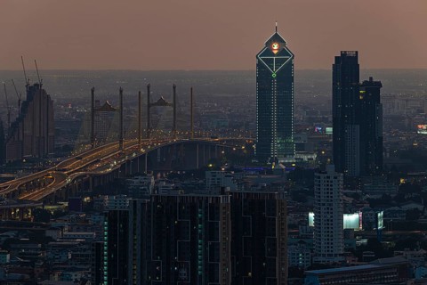 Over the rooftops of Bangkok, evening light, view from the Moon Bar on the roof terrace of the