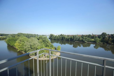 View from the observation tower at Mainz-Kostheim Wiesbaden on Maininsel and Gustavsburg, Mainufer,