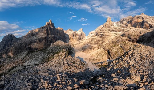 Evening at Refugio Francis Fox Tuckett, alpine panorama, aerial view, impressive mountain peaks of
