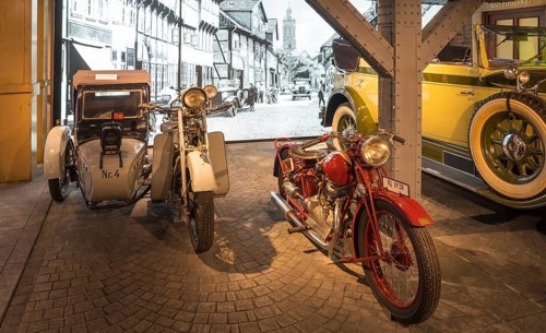 Old motorbikes, sidecar taxi, PS.SPEICHER Museum, Einbeck, Lower Saxony, Germany