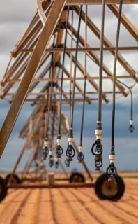 Plains, Texas, Center-pivot irrigation equipment on a west Texas farm