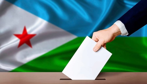 Hand placing a ballot in ballot box with the Djiboutian flag in the background. Djibouti