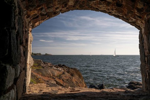 View through fortification wall, Suomenlinna island fortress, Finnish for Finnenburg, Swedish