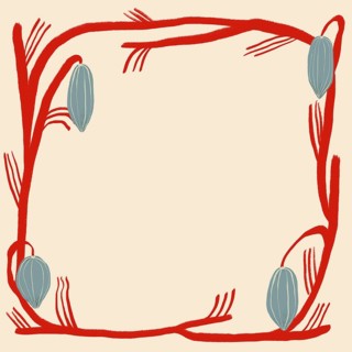 A minimalist illustration featuring stylized red flowers and blue berries, arranged as a border
