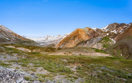 Colourful mountains, picturesque mountain scenery on Gulkana Glacier, Richardson Highway, Alaska