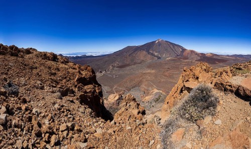 Mountain hiking, view from the summit of Montana Guajara to Mount Teide, Teide National Park,