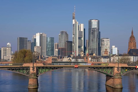 Blue sky shines over Frankfurt's banking skyline, Frankfurt am Main, Hesse, Germany