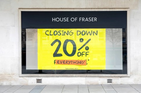 Closing down sale 20% off everything House of Fraser department store, Plymouth, Devon, England, UK