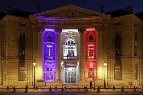 Illuminated town hall on Place du Panthéon, Marie du V. arrondissement, Latin Quarter, Paris,