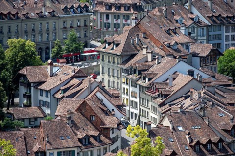 Streets and rows of houses, detail, view of Bern's old town, Bern, Canton of Bern, Switzerland