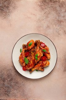 Fried chicken legs, in soy sauce, spices, herbs, top view, homemade