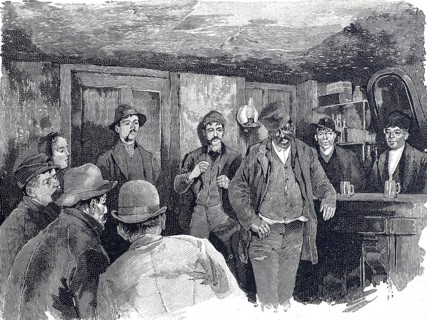 The illustration shows a so-called five-cent lodging house or a cheap bar, which was often referred
