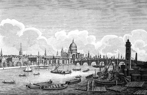 Cityscape of London on the Thames, England, harbor, numerous boats, freight, transport, economy,