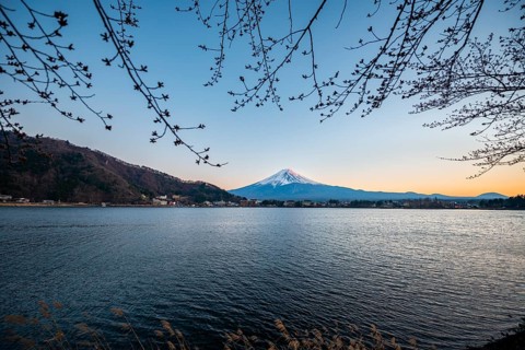Lake Kawaguchi, view of Mount Fuji volcano at sunset, Yamanashi Prefecture, Japan