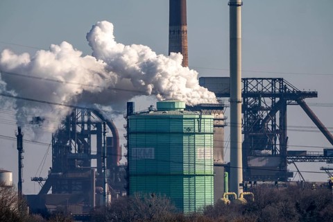 Backdrop of the HKM steelworks, Krupp-Mannesmann steel mill, blast furnaces, gasometer, coking