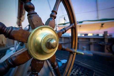 Rudder system, steering wheel, upper deck, historic polar research ship Fram by Fridtjof Nansen and