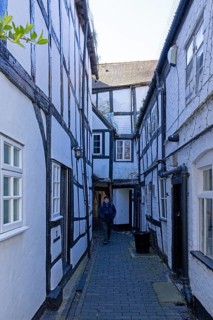 Timbered houses, narrow lane, Tewkesbury, Gloucestershire, England, Great Britain
