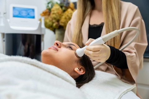Woman lying on a bed receiving an aesthetic facial treatment from a professional using a modern