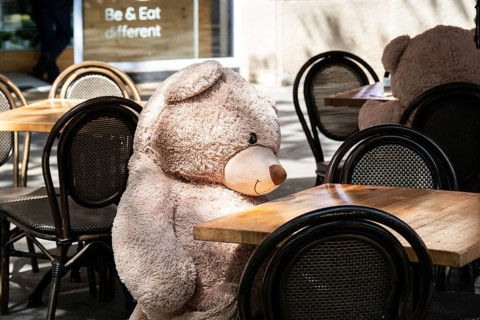A teddy bear sits on a chair in a cafe in Barcelona, Spain