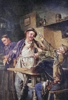 Men drinking schnapps in a farmhouse tavern, Austria, coloured wood engraving, reproduction of an