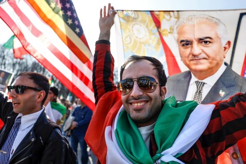 Demonstration by Iranians against the Iranian regime, with posters by Prince Reza Pahlavi, Berlin,