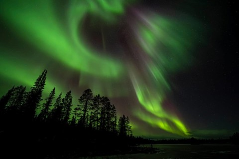 Northern Lights (Aurora borealis) over a frozen lake, Norrbotten, Lapland, Sweden, October 2022