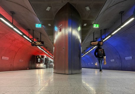 Illuminated subway station Bochumer Verein und Jahrhunderthalle, Bochum, Ruhr area, North