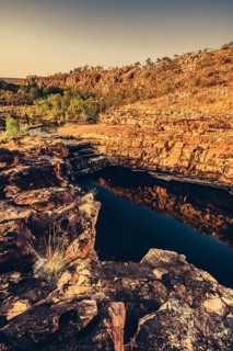 Bell Gorge waterfall, a body of water in north-west Australia in the Kimberley. Sunrise in the