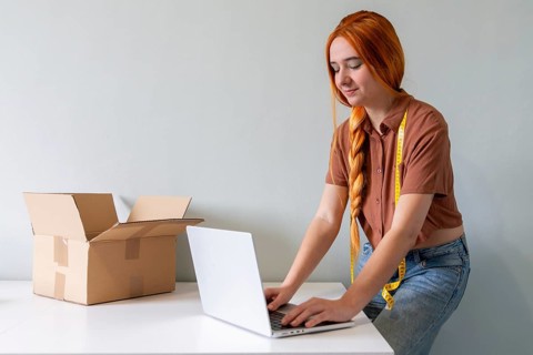 A young woman is organizing clothes to sell online. She stands by a table with a laptop and open
