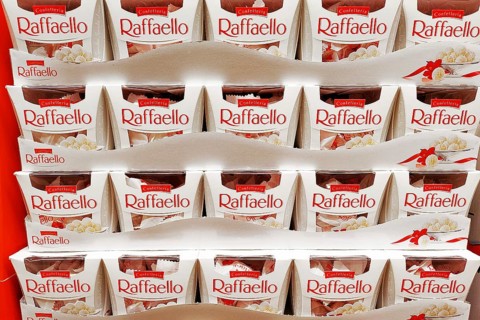 Dossneheim, Germany - April 7th 2026: Raffaello chocolate confection display in supermarket.