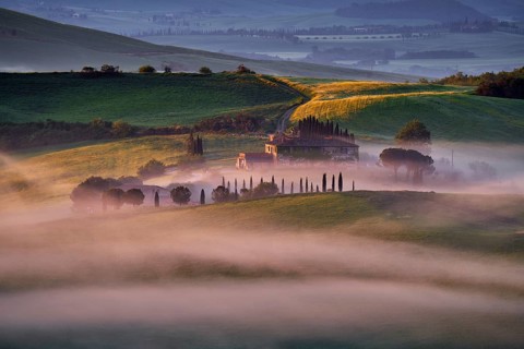 Landscape in Tuscany, near the Siana and Pienza, Sunrise morning in Italy. Idyllic view on hilly