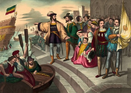 Christopher Columbus and his crew leaving the port of Palos, Spain, 1492, digitally optimized