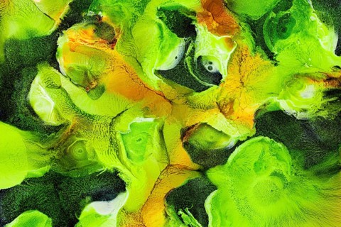 A vibrant abstract painting with galactic green textures and hints of yellow. The flowing design