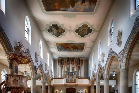 Interior view, organ brochure, parish church of St. Martin, Wangen im Allgäu, Bavaria, Germany