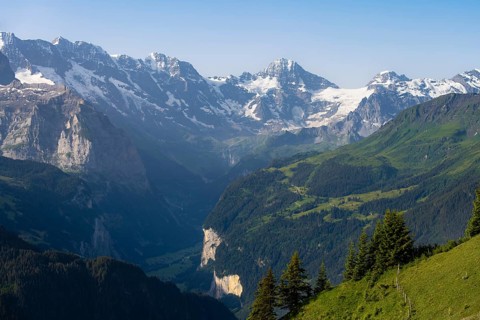 View of the Lauterbrunnen Valley from Schynige Platte, picturesque mountain landscape, glaciated