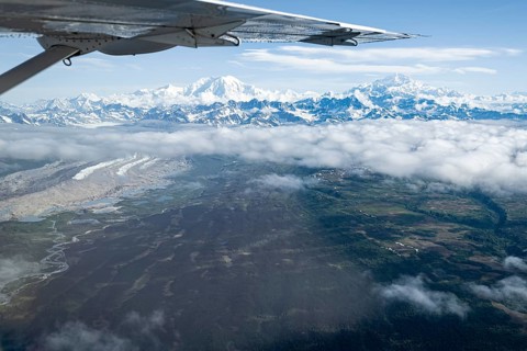 Kahlitna Glacier, Mt Foraker and Mt Denali or Mount McKinley, aerial view, Alaska Range, Denali