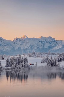 Dawn and sunrise at the wintry Forggensee in a snow-covered winter landscape in the foothills of