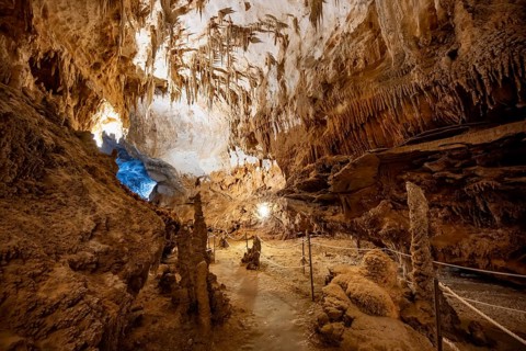 Stalactites and stalagmites, rock formations in a stalactite cave, Grotta del Fico, Gulf of Orosei,
