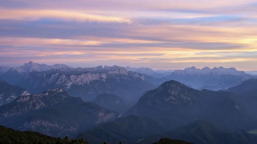 Sunset view from Zwiesel to the Berchtesgaden Alps with Hochkalter and horse-rider Alm and to the