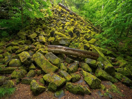 Basalt boulders, beside the basalt prisms, Gangolfsberg, Rhön Biosphere Reserve, Bavaria, Germany